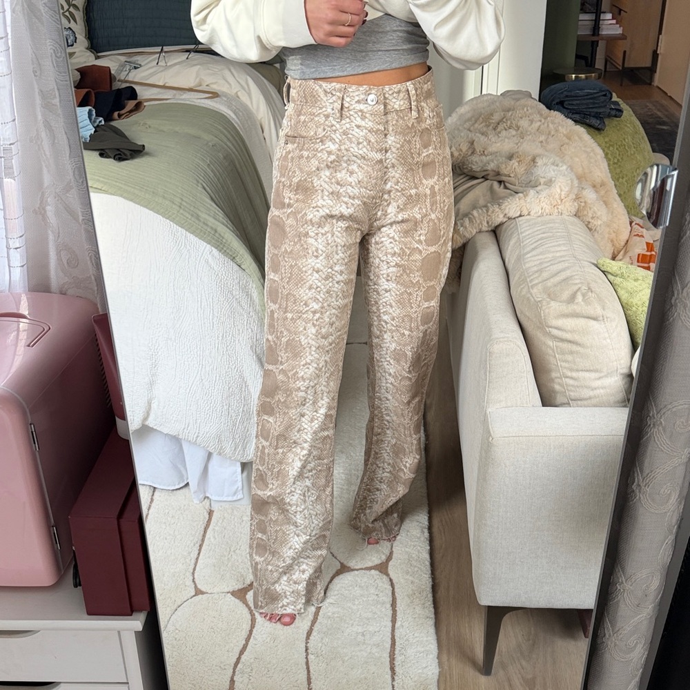Elegant Beige Snake Print Wide Leg Pants
